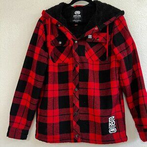 ECKO UNLTD Y2K Hooded Shacket Red Plaid Black Sherpa Lining Size Medium